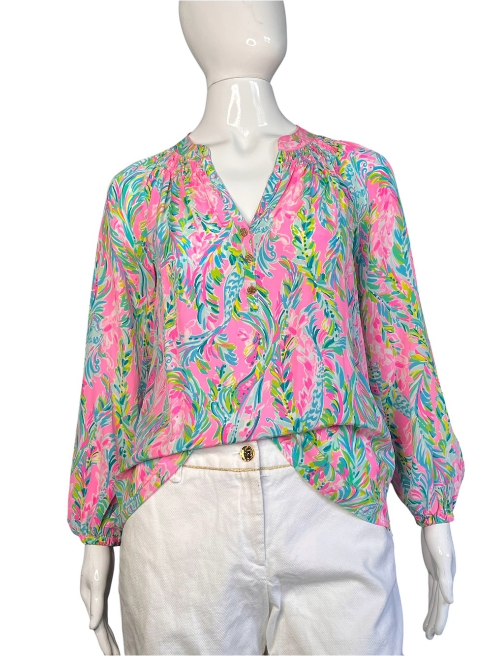 Lilly Pulitzer Elsa Silk Multi Floral Printed Long-Sleeve Blouse Size XXS